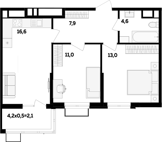 2-комн., 53.1 м², 8/16 этаж, ЖК «МегаСити»