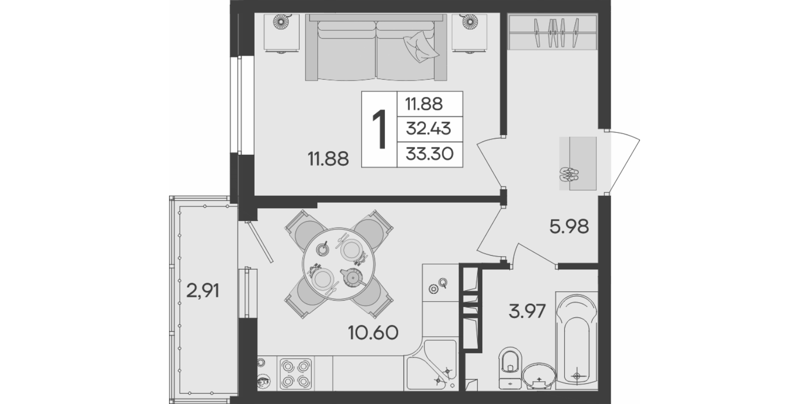 1-комн., 32.43 м², 9/9 этаж, ЖК «Дом 101»