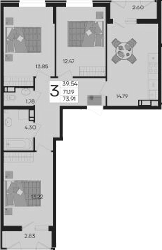 3-комн., 71.19 м², 4/9 этаж, ЖК «Дом 101»