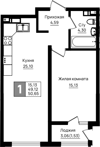 1-комн., 49.12 м², 8/9 этаж, ЖК «Резиденция морей»