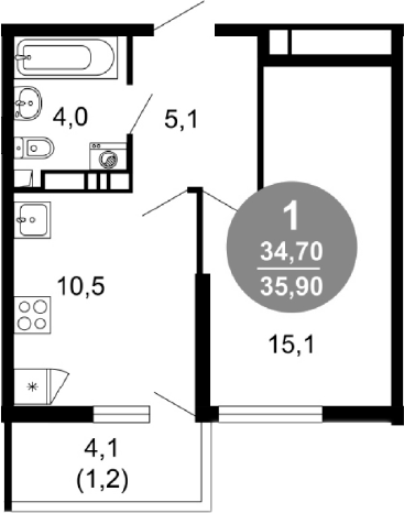 1-комн., 34.7 м², 6/17 этаж, ЖК «Лестория»