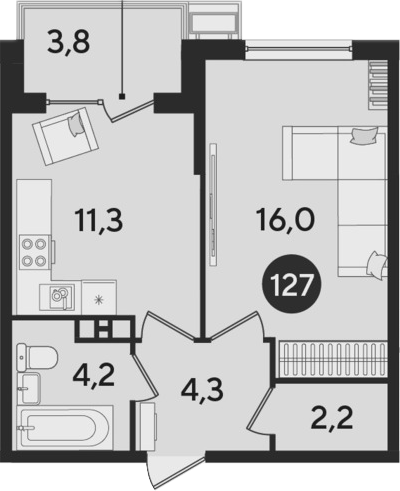 1-комн., 38 м², 5/9 этаж, ЖК «Парк Победы»