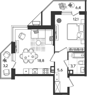2-комн., 40.2 м², 3/24 этаж, ЖК «Рекорд»