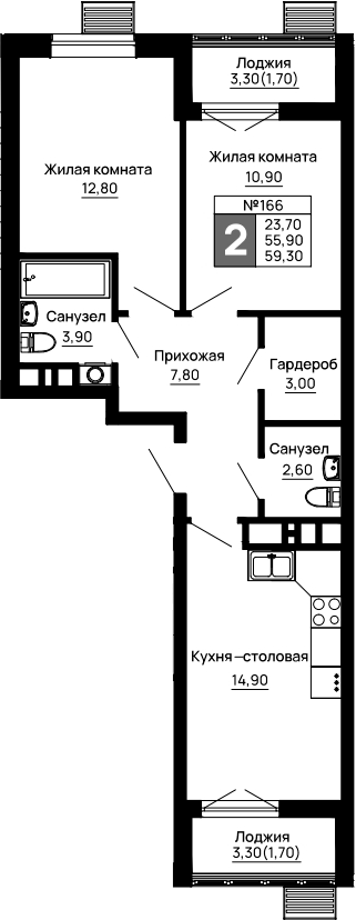 2-комн., 55.9 м², 1/16 этаж, ЖК «Традиции»