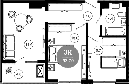 2-комн., 50.3 м², 5/10 этаж, ЖК «Гостиничный комплекс GREENMONT»