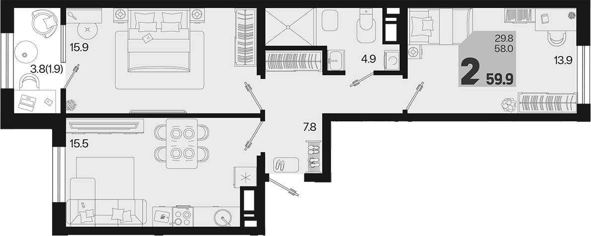 2-комн., 58 м², 9/9 этаж, ЖК «Первое место»
