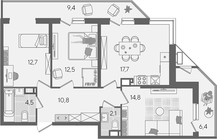 4+ комнаты, 75.1 м², 22/24 этаж, ЖК «Рекорд»