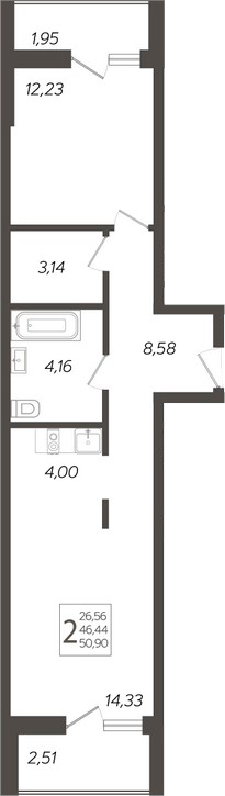 2-комн., 46.44 м², 7/19 этаж, ЖК «Кислород»