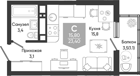 Студия, 22.3 м², 19/24 этаж, ЖК «Облака»