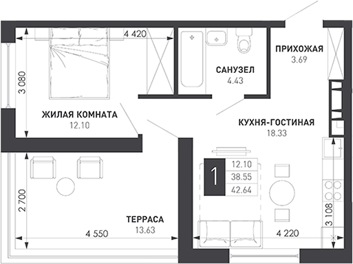 1-комн., 38.55 м², 9/9 этаж, ЖК «Иначе в Молодежном»