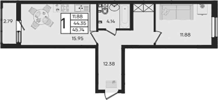 Продается 1-комн. квартира, 44.34 м²