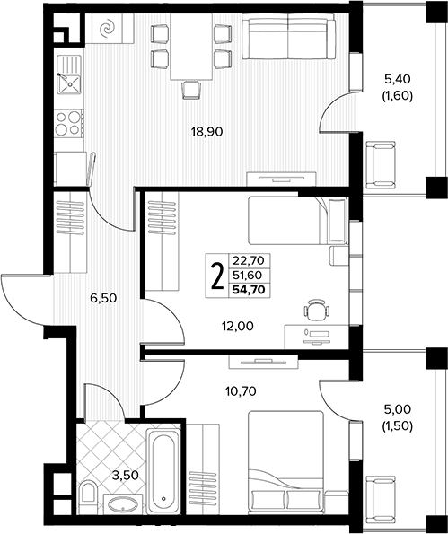 2-комн., 51.6 м², 5/6 этаж, ЖК «Кипарис»