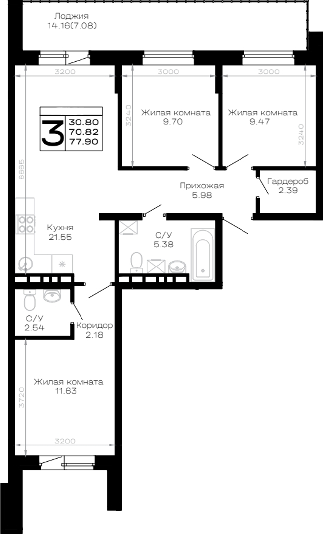 3-комн., 70.82 м², 4/4 этаж, ЖК «Усадьба Гостагаевская»