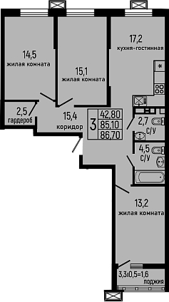 3-комн., 85.1 м², 8/13 этаж, ЖК «Звезды»