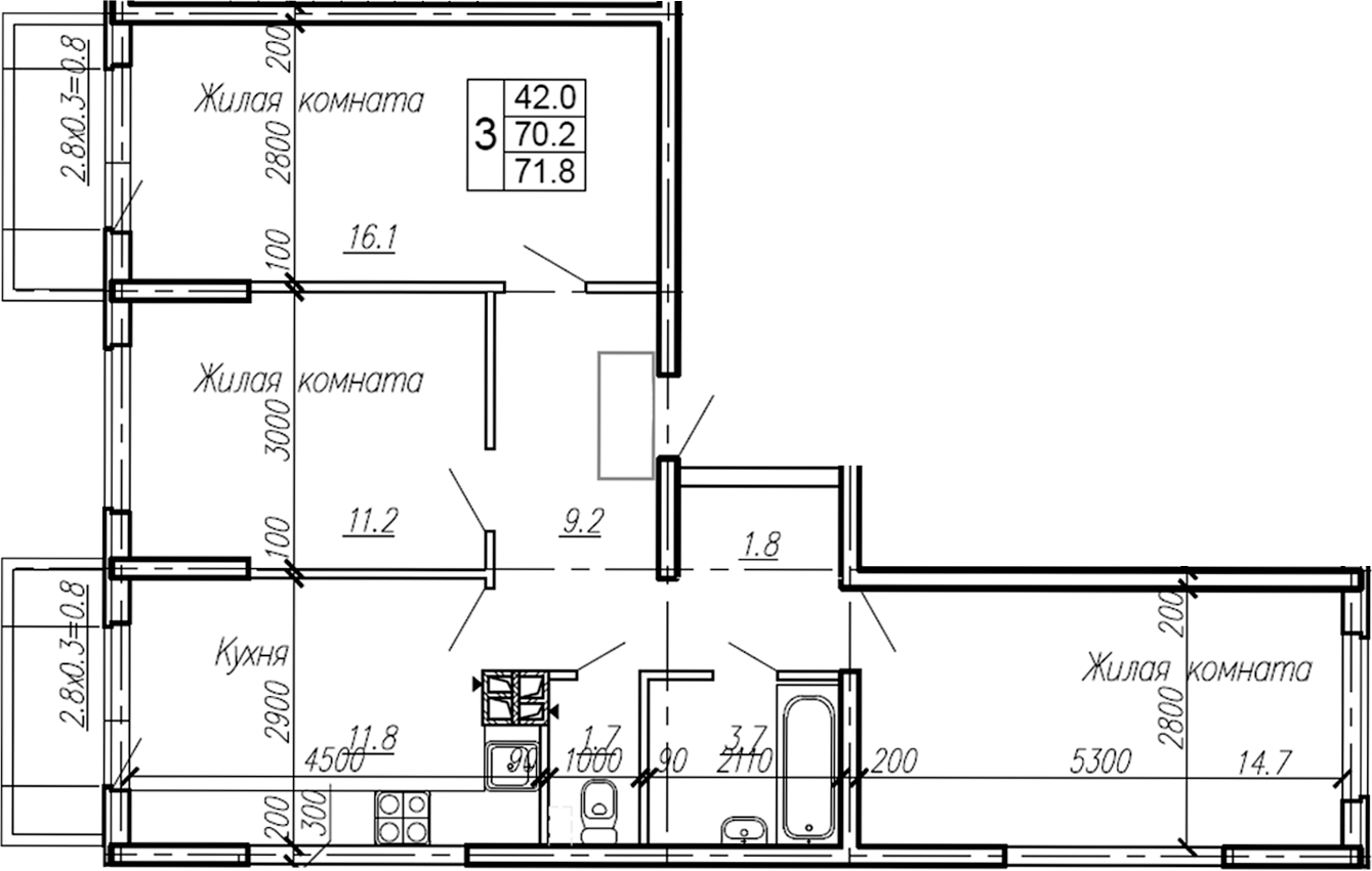 3-комн., 70.2 м², 3/4 этаж, ЖК «Эво»