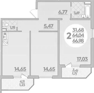 2-комн., 64.04 м², 1/8 этаж, ЖК «Молодежный 2»