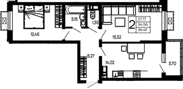 2-комн., 54.56 м², 3/14 этаж, ЖК «Эпос»