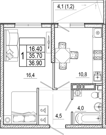 1-комн., 35.7 м², 6/17 этаж, ЖК «Лестория»