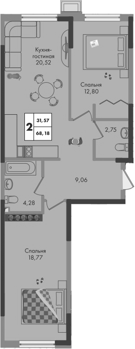 2-комн., 68.18 м², 4/9 этаж, ЖК «Зеленая территория»