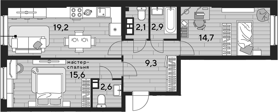 2-комн., 66.4 м², 4/16 этаж, ЖК «DОГМА ПАРК»