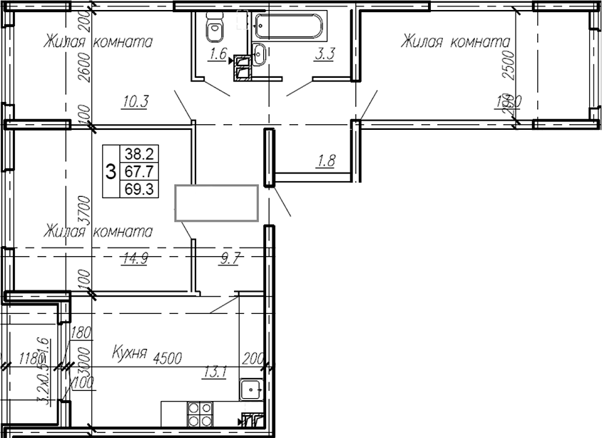 3-комн., 67.7 м², 2/4 этаж, ЖК «Эво»