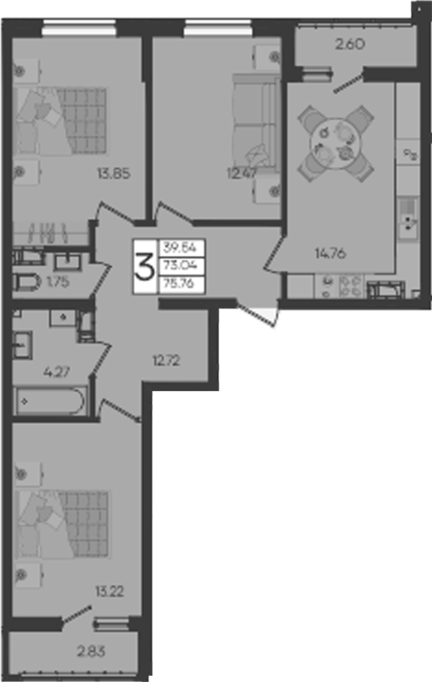 3-комн., 73.04 м², 9/18 этаж, ЖК «Дом 101»
