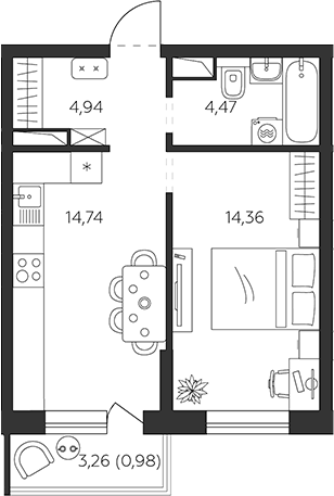 1-комн., 38.21 м², 7/9 этаж, ЖК «К24»