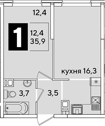 2-комн., 35.9 м², 5/16 этаж, ЖК «Самолет»