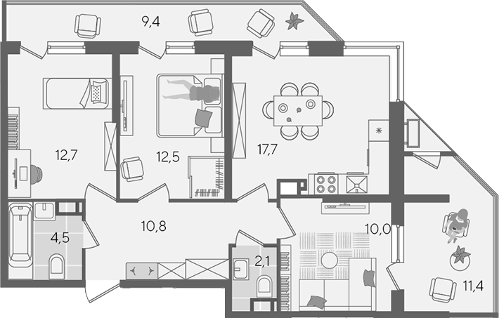 4+ комнаты, 70.3 м², 23/24 этаж, ЖК «Рекорд»