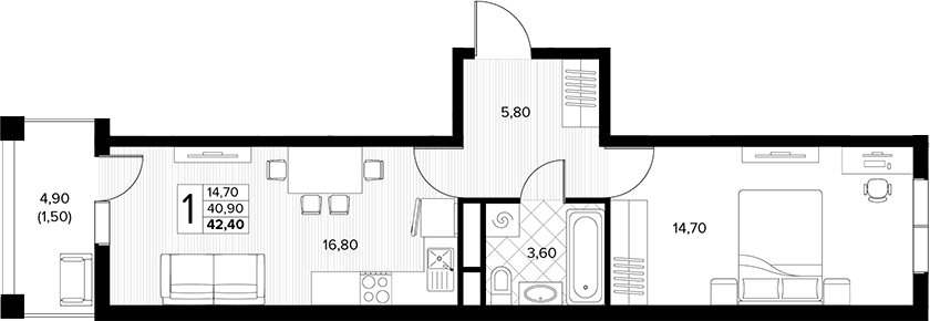 Продается 1-комн. квартира, 40.9 м²