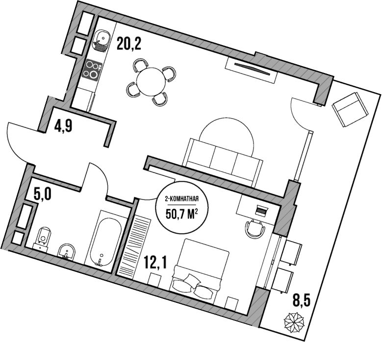 2-комн., 42.2 м², 1/5 этаж, ЖК «МореТут»