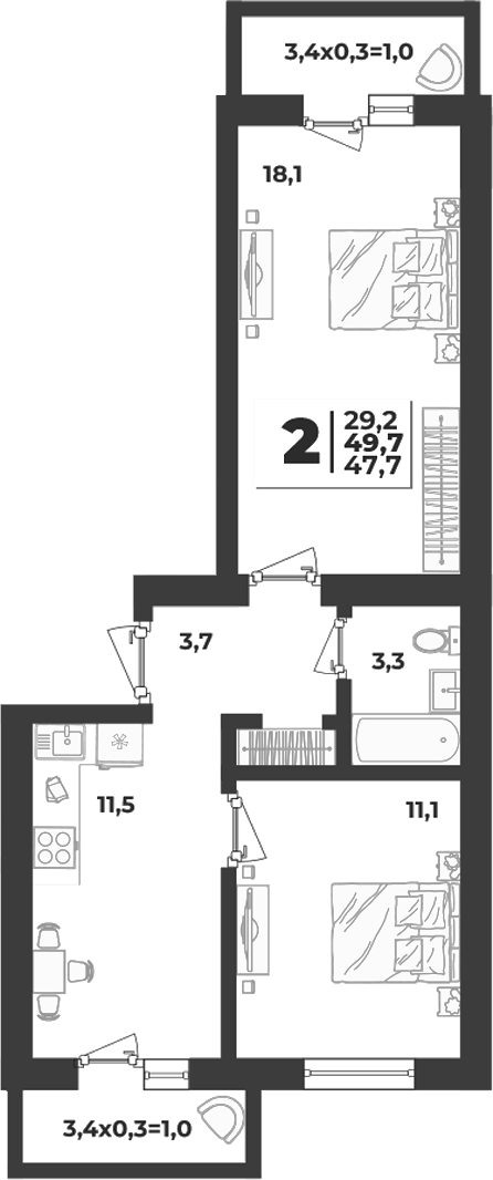 2-комн., 47.7 м², 2/5 этаж, ЖК «Дарград»