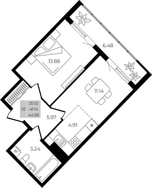 2-комн., 41.14 м², 1/8 этаж, ЖК «Курортный регион»
