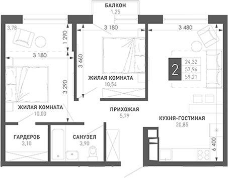 Продается 2-комн. квартира, 61.1 м²