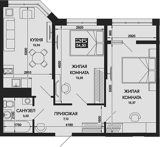 2-комн., 54.5 м², 12/12 этаж, ЖК «Вершины. ГК Смена»
