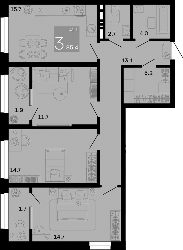 3-комн., 81.8 м², 5/8 этаж, ЖК «Хозяин Морей»