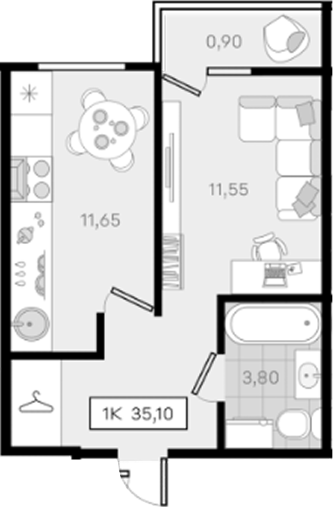 1-комн., 34.2 м², 8/8 этаж, ЖК «История 3»