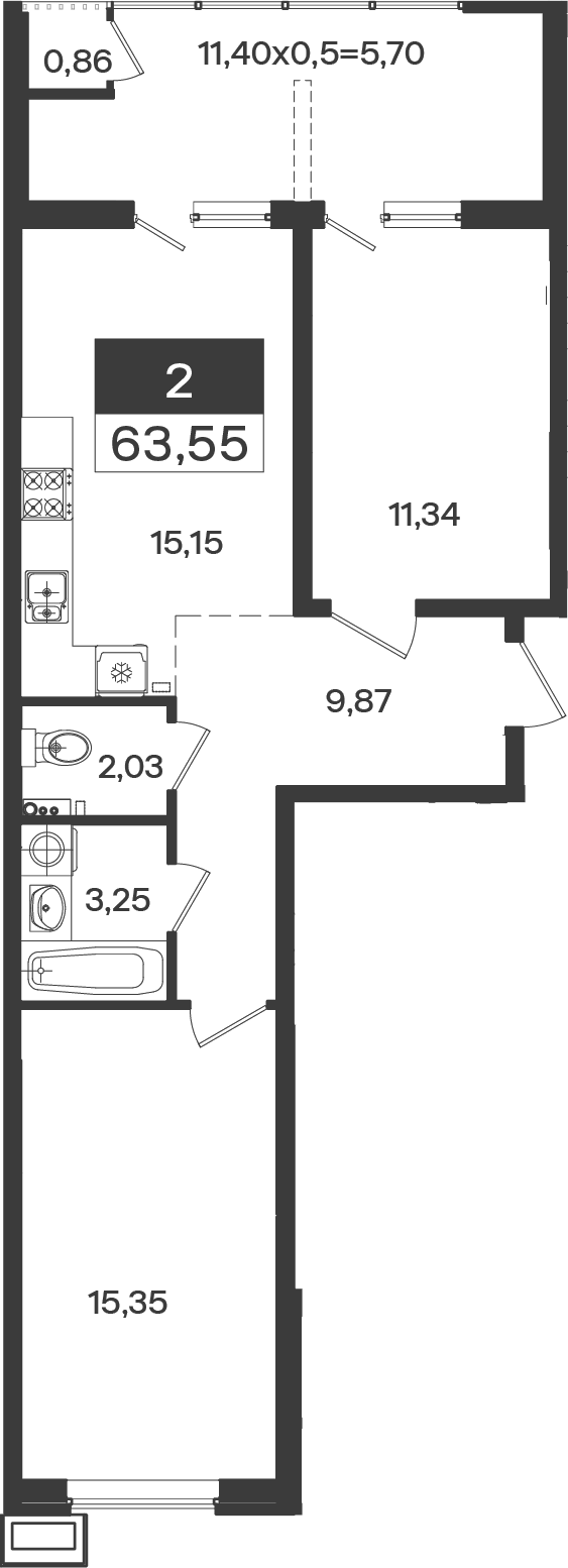 2-комн., 57.85 м², 2/18 этаж, ЖК «Образцово»
