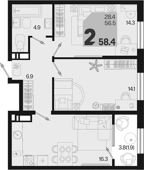 2-комн., 56.5 м², 8/18 этаж, ЖК «Первое место»