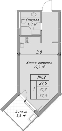 Студия, 31.8 м², 4/4 этаж, ЖК «Оазис Азова»