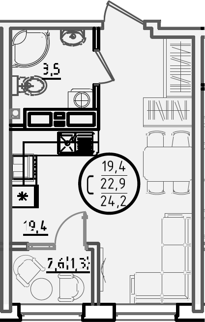 Студия, 22.9 м², 12/18 этаж, ЖК «Первое место»