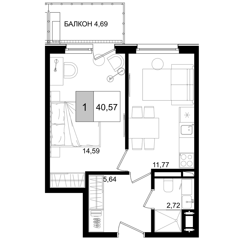 2-комн., 34.72 м², 3/8 этаж, ЖК «IT гостиничный комплекс Корсаков»