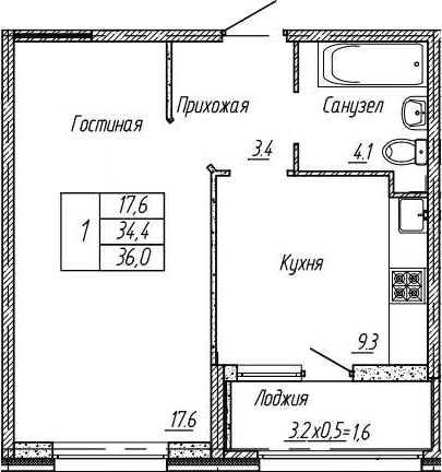 1-комн., 34.4 м², 2/18 этаж, ЖК «Архитектор. ГК ЮгСтройИнвест»