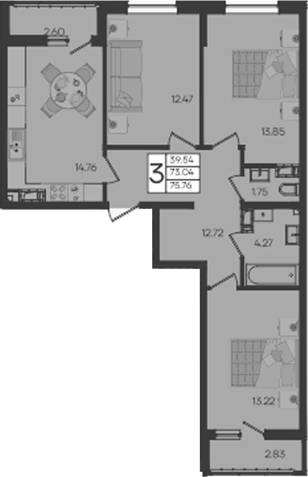 3-комн., 73.04 м², 3/18 этаж, ЖК «Дом 101»
