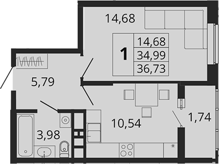 1-комн., 35.93 м², 15/18 этаж, ЖК «Родные Просторы»