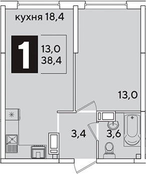 2-комн., 38.4 м², 11/16 этаж, ЖК «Самолет»