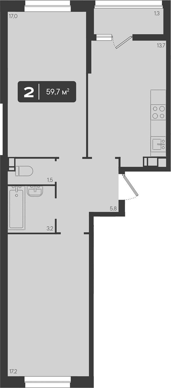 2-комн., 58.4 м², 9/9 этаж, ЖК «Архитектор. ГК ЮгСтройИнвест»