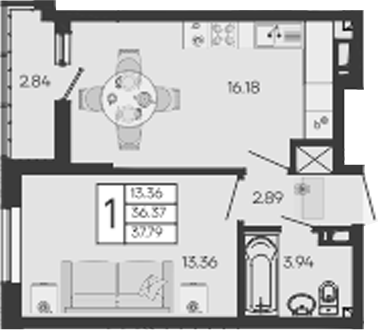 1-комн., 36.37 м², 3/9 этаж, ЖК «Дом 101»