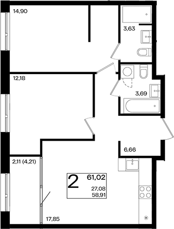 3-комн., 58.91 м², 3/9 этаж, ЖК «Патрики»