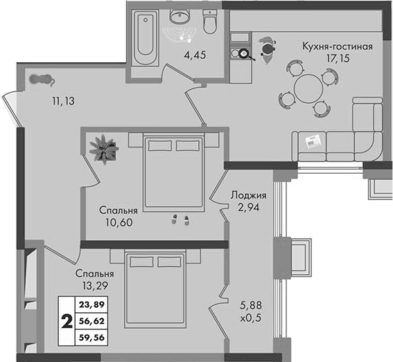 2-комн., 56.62 м², 9/9 этаж, ЖК «Зеленая территория»